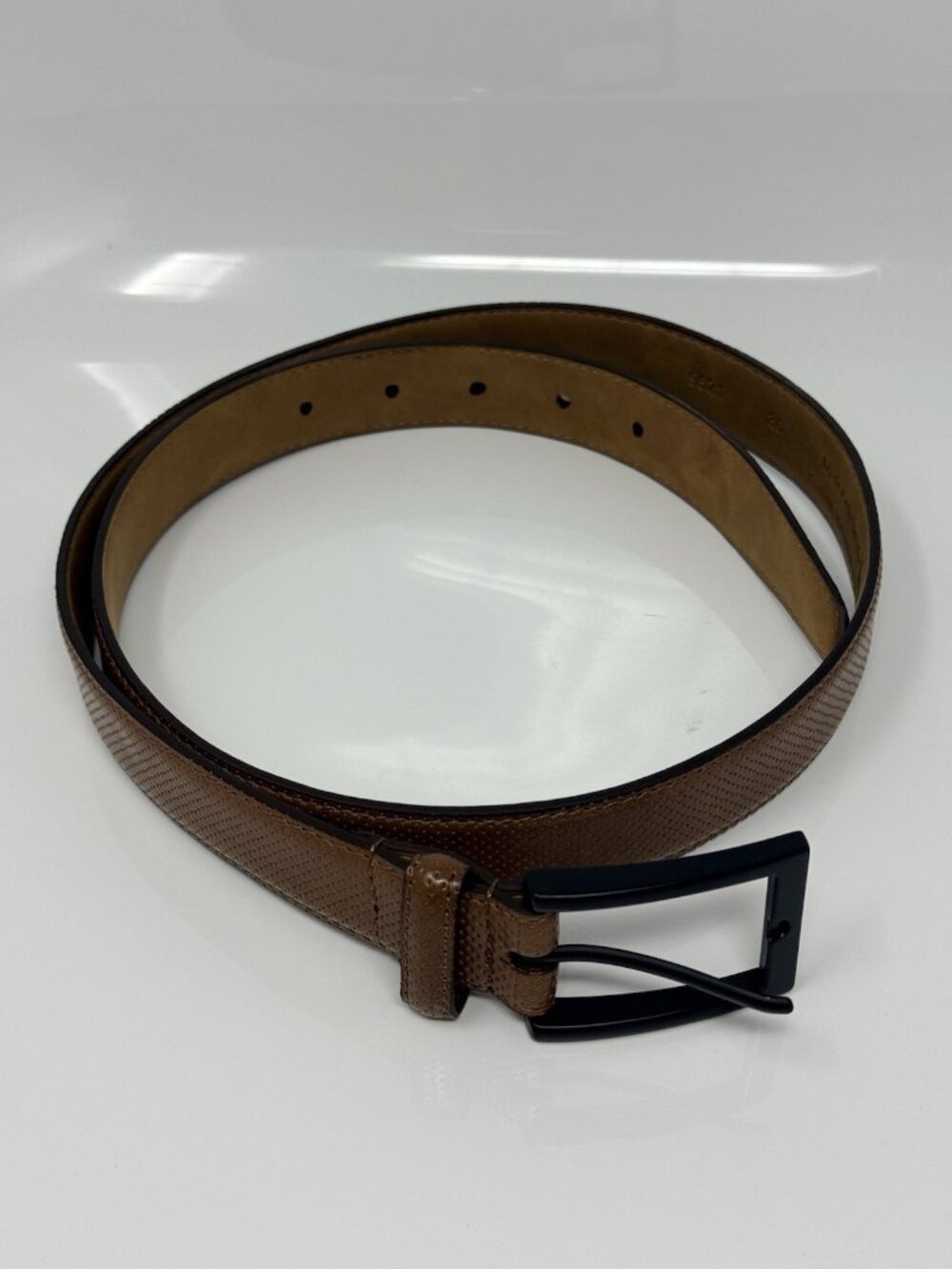 Neiman Marcus 36 Brown Leather Belt, 5 Hole, Perforated Texture, Black Buckle